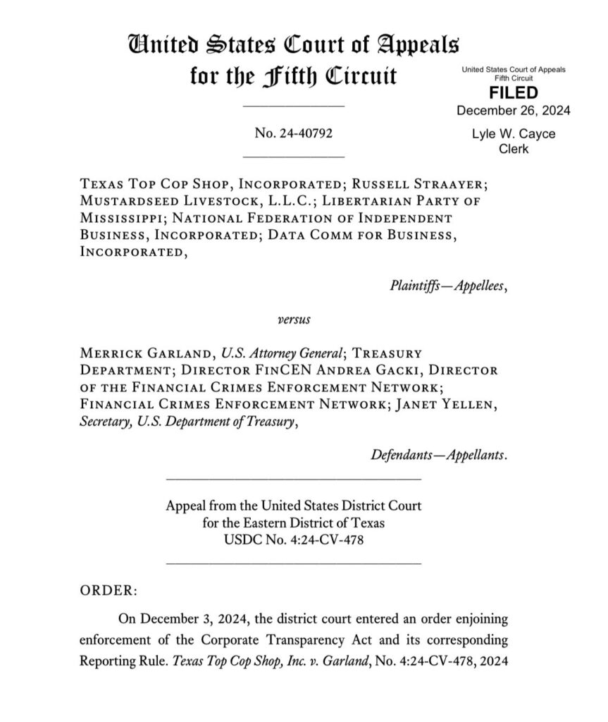 Corporate Transparency Act Fifth Circuit Court of Appeals December 2024 CTA Update Injunction