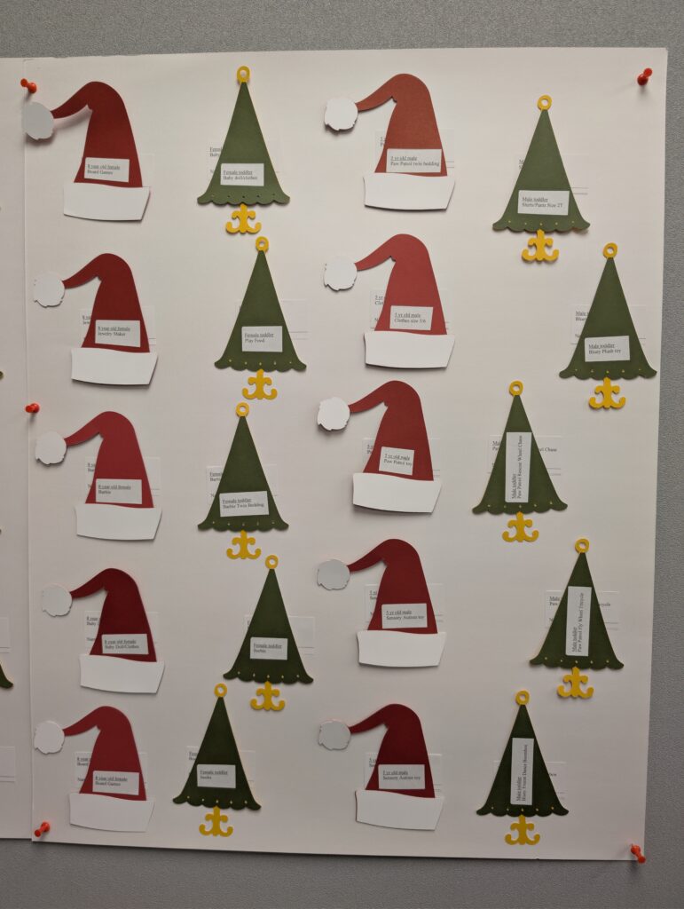 Second holiday wish list board at Kemp Klein showing gift requests for foster children supported through Oakland County Foster Closet’s 2025 Holiday Initiative for Children.